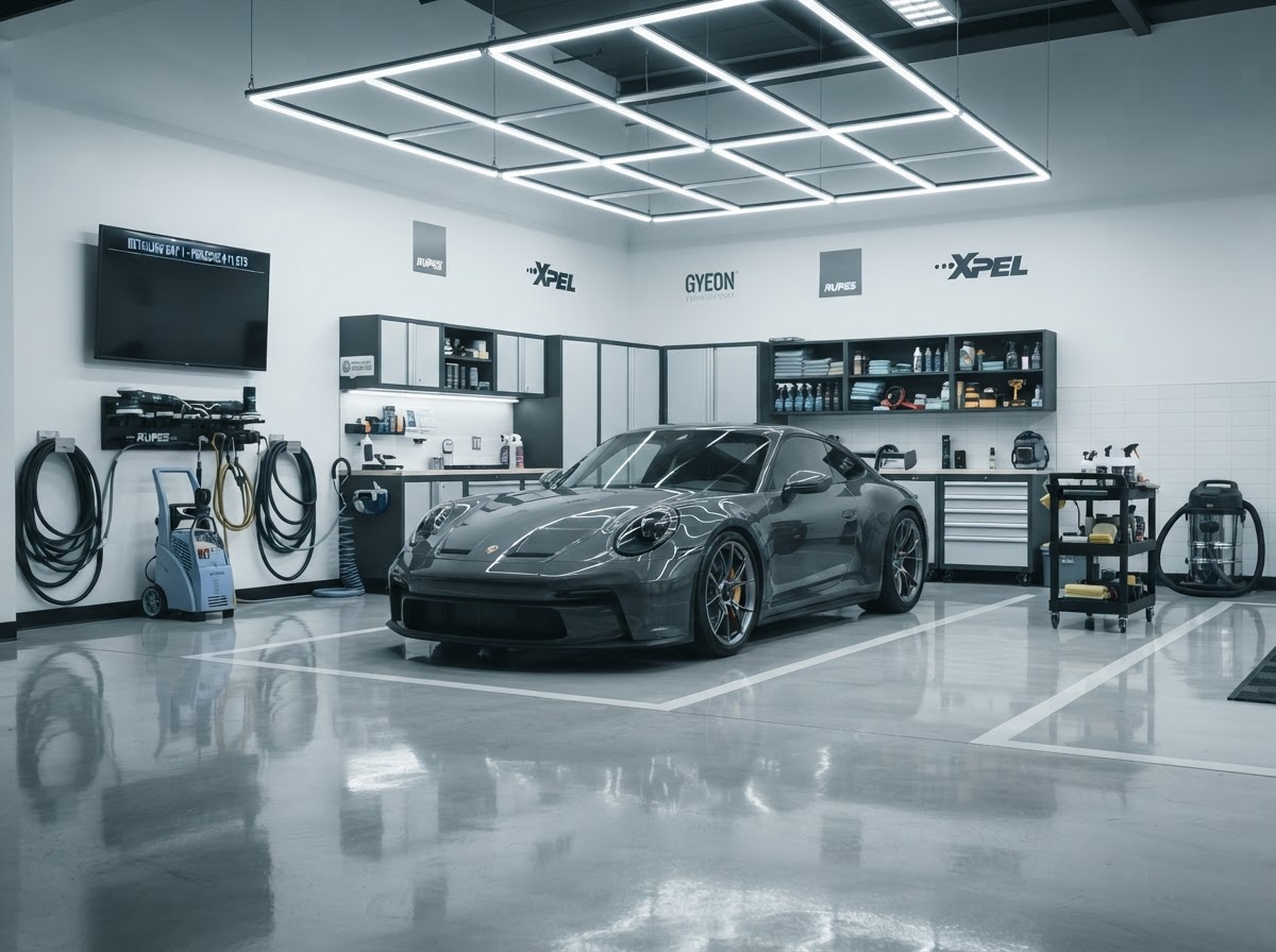 Clean professional detailing shop interior with controlled lighting at Empire Auto Detailing in Southern Utah
