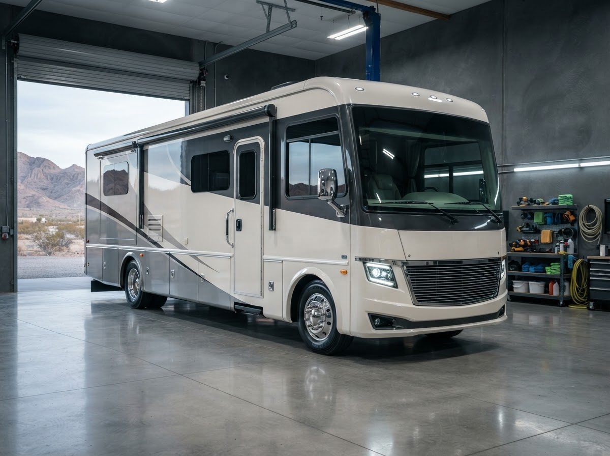 A clean luxury Class A motorhome RV with restored glossy fiberglass finish at Empire Auto Detailing in St. George, Southern Utah