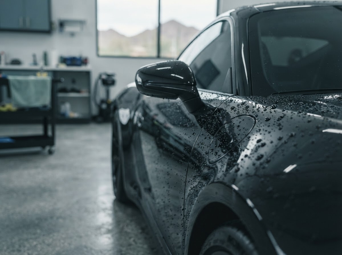 Ceramic coating water beading on a luxury vehicle in St. George, Southern Utah