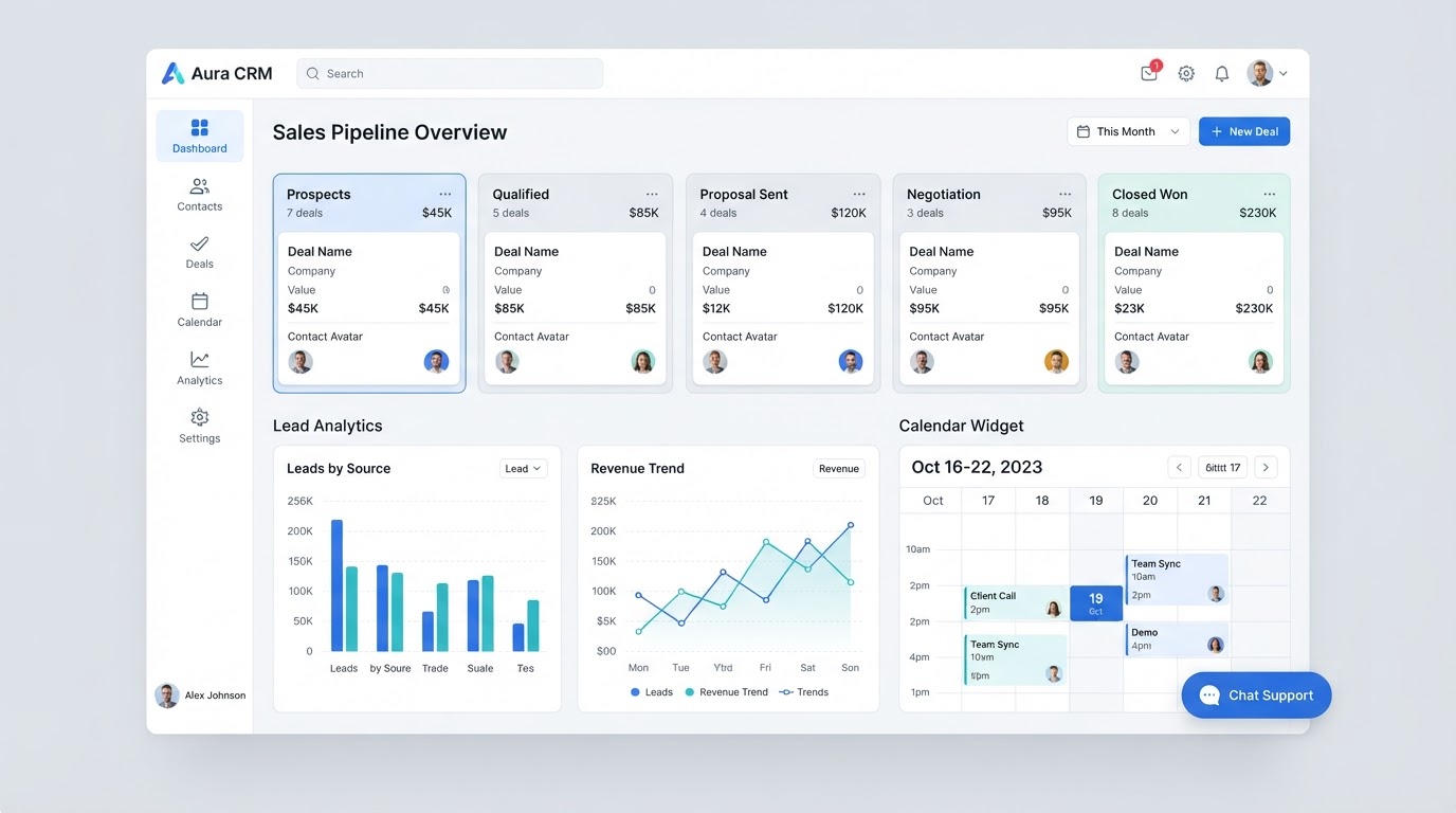 Veksta CRM dashboard showing pipelines, analytics, and chat widget