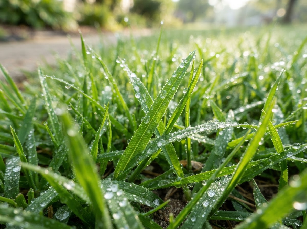 Close-up of healthy green residential lawn grass