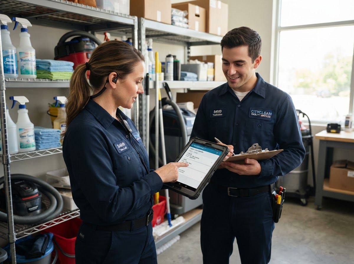 Two field-service and cleaning professionals reviewing workflow requirements near equipment and supplies