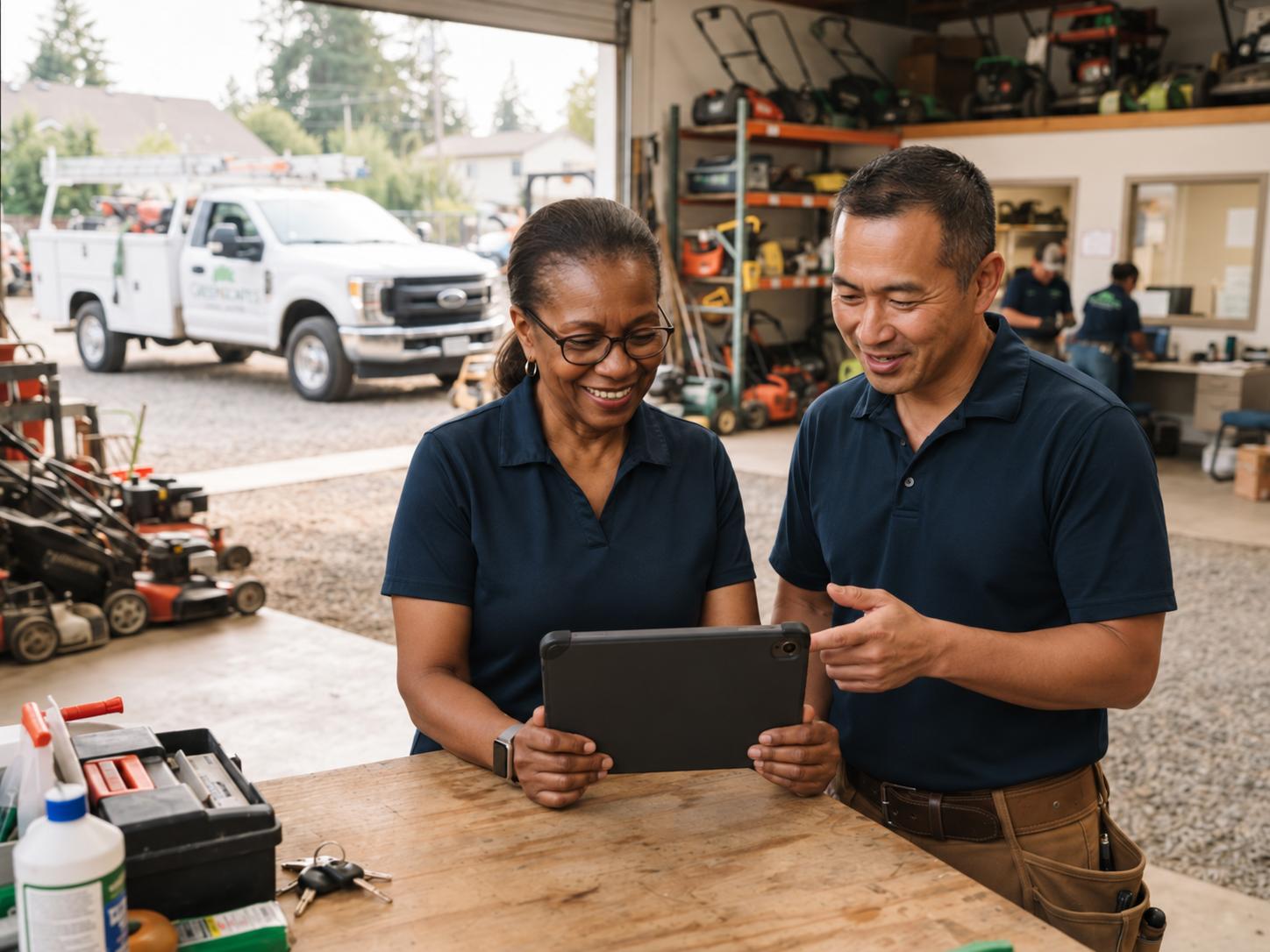 Two service-business professionals in a landscaping workspace reviewing a completed project photograph on a tablet