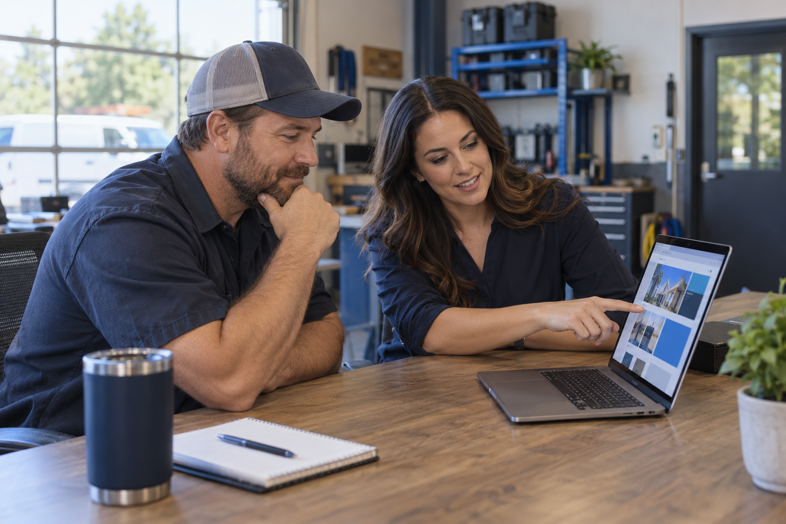 Two service professionals reviewing a polished website together on a laptop in a practical environment