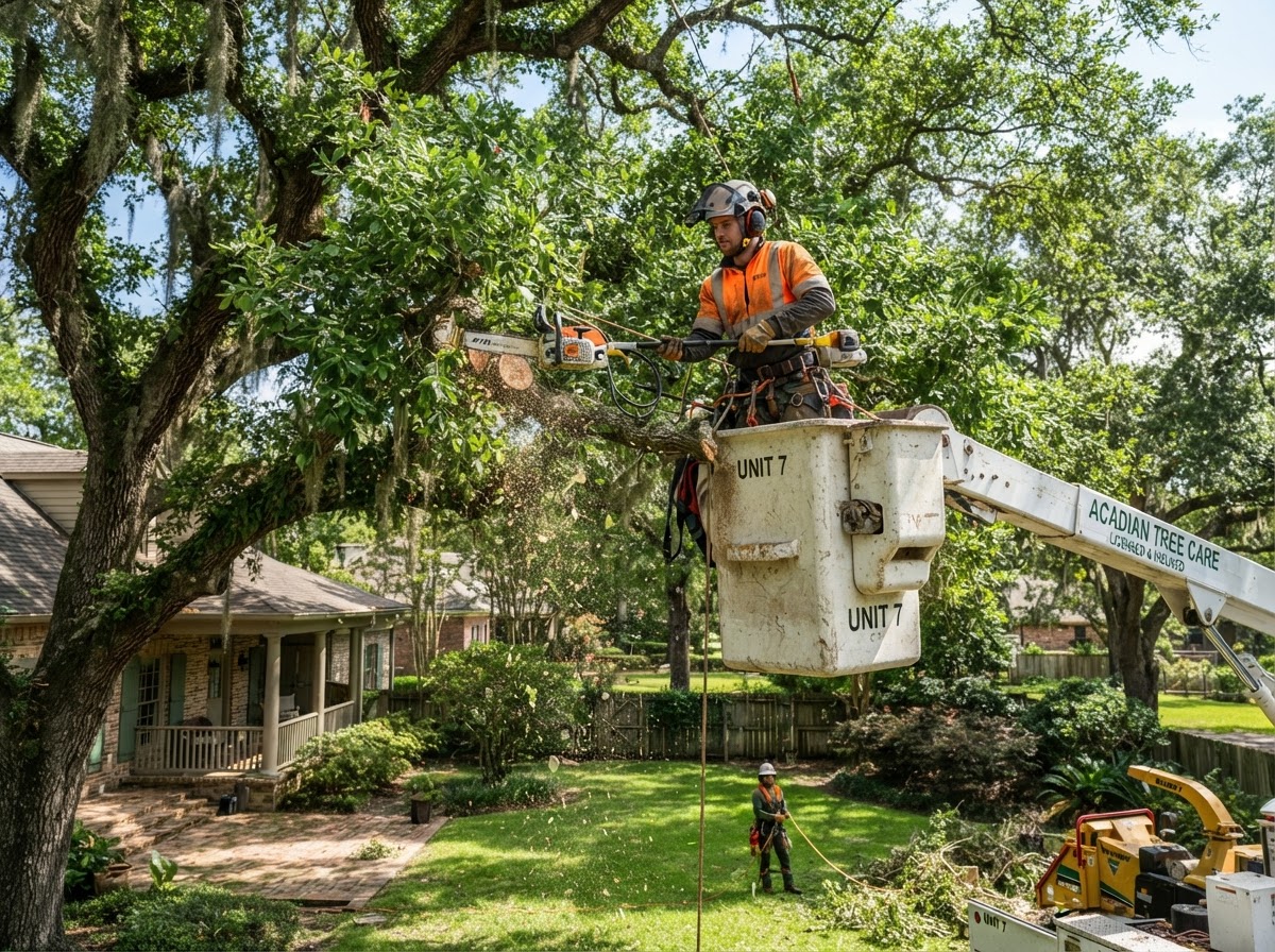 Arborist trimming a large oak tree canopy with a pole saw from a bucket lift