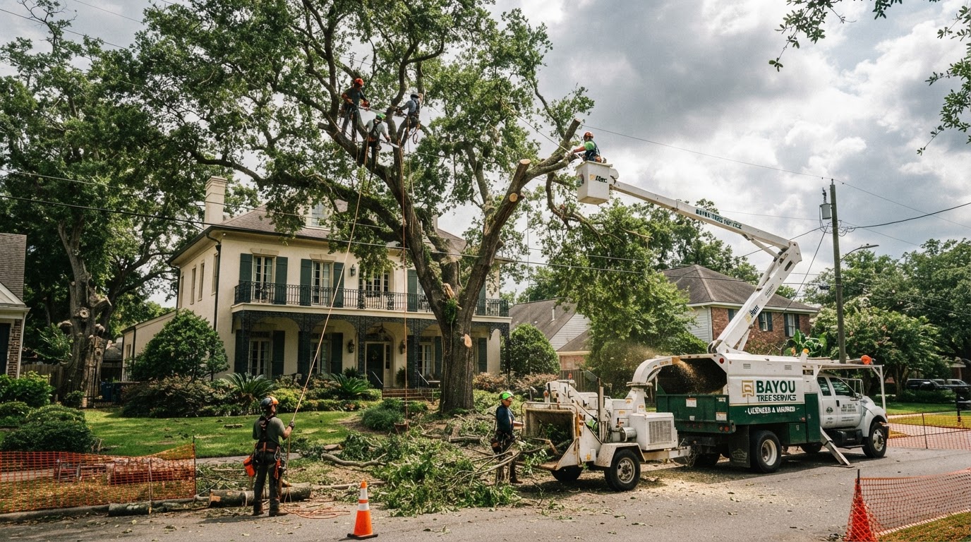 Tree service crew removing a large mature oak tree at a Louisiana residential property