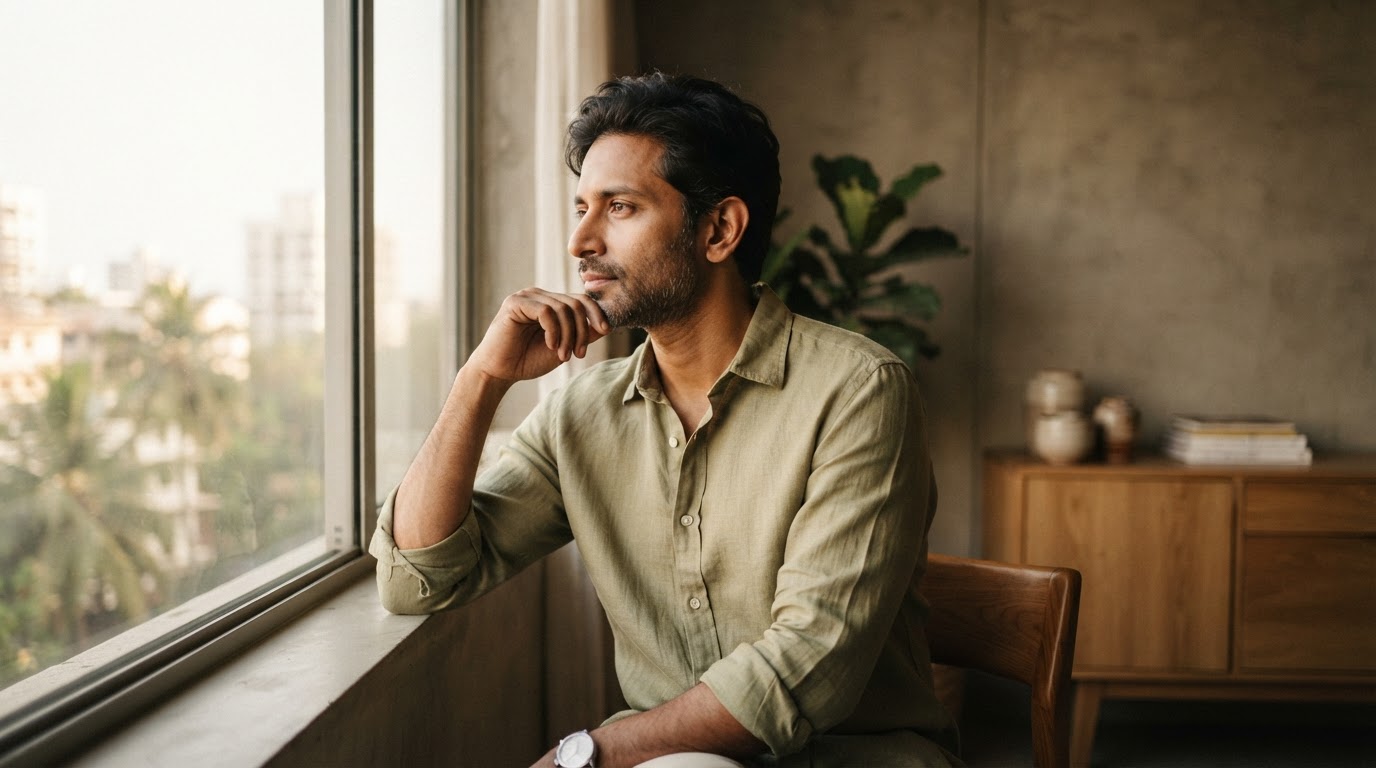 Mature Indian man in reflective thought by morning window light