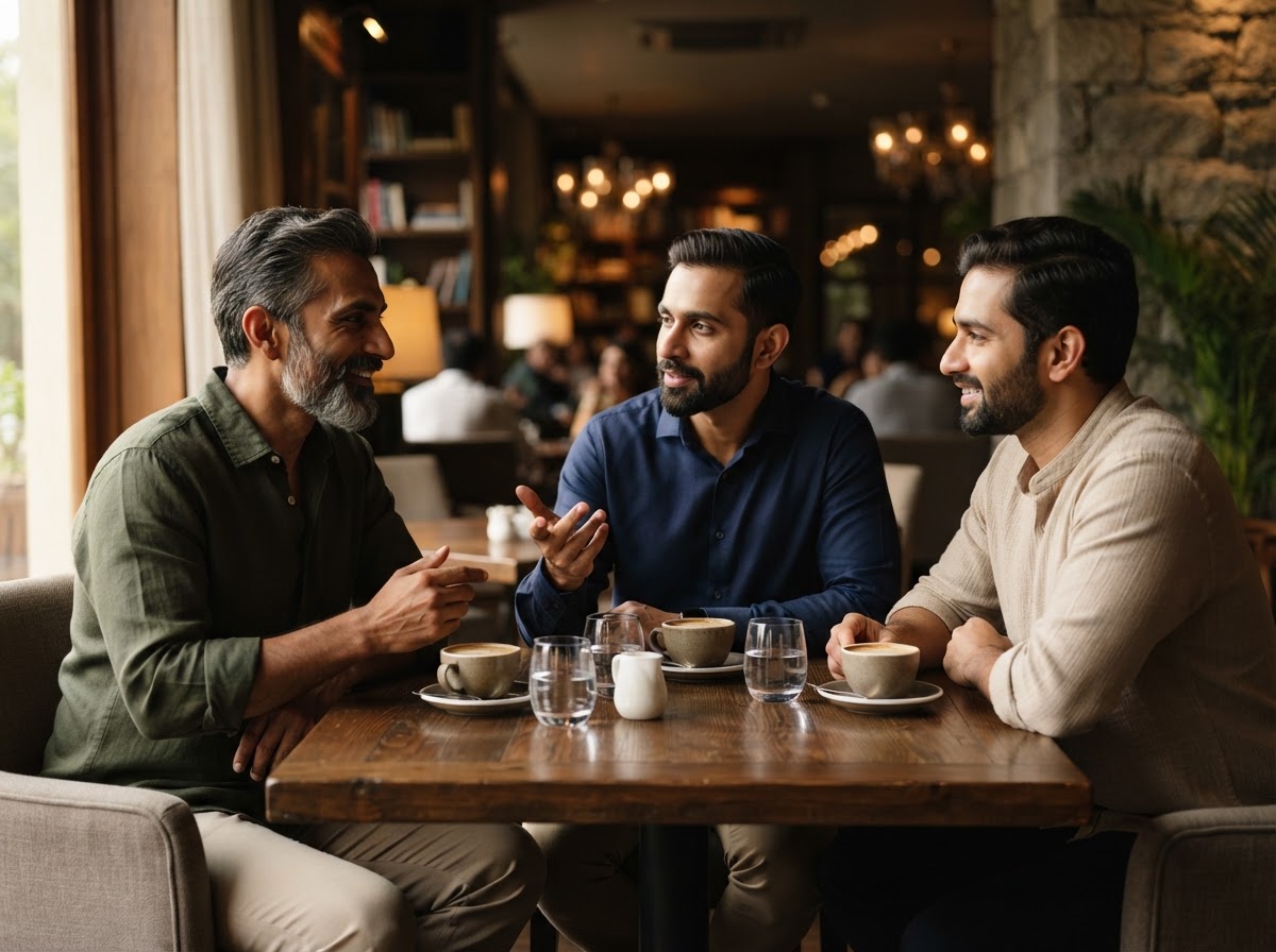 Grounded Indian men engaged in authentic brotherhood and deep conversation