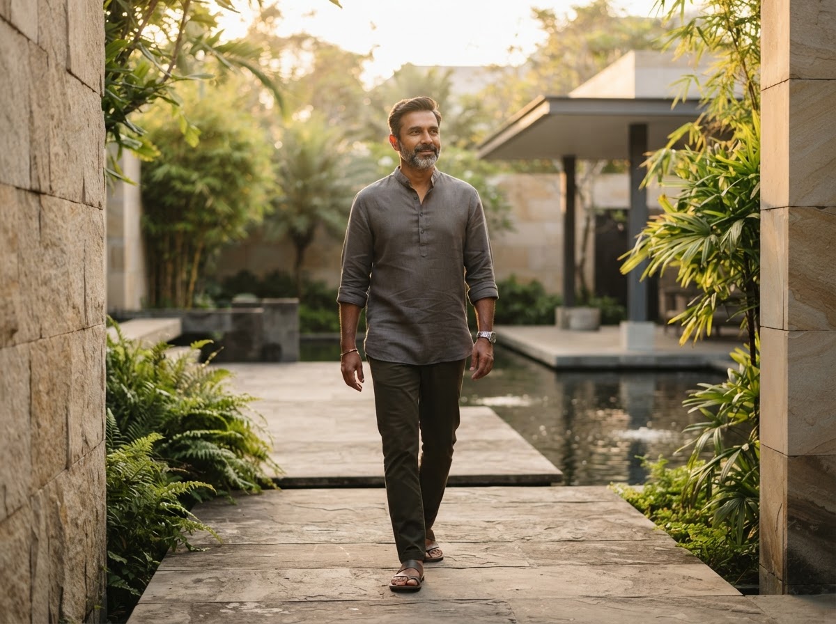 Mature Indian man walking with intention and peaceful presence