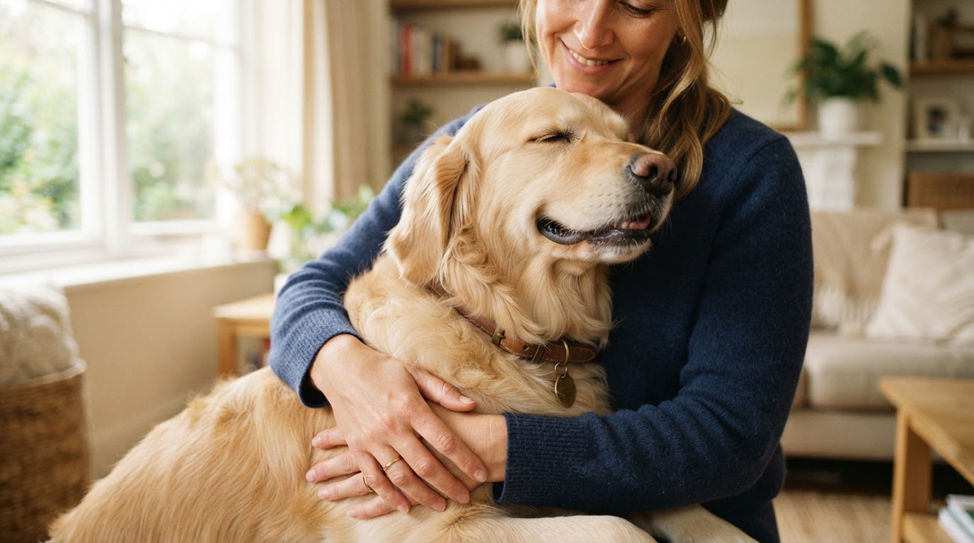 A trusted carer gently caring for a calm, happy dog in a sunlit home
