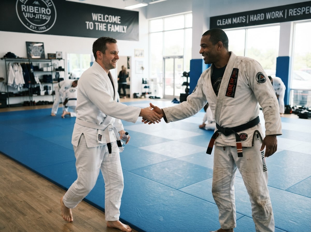 A Clube de Lutas coach warmly welcoming a beginner onto the mat
