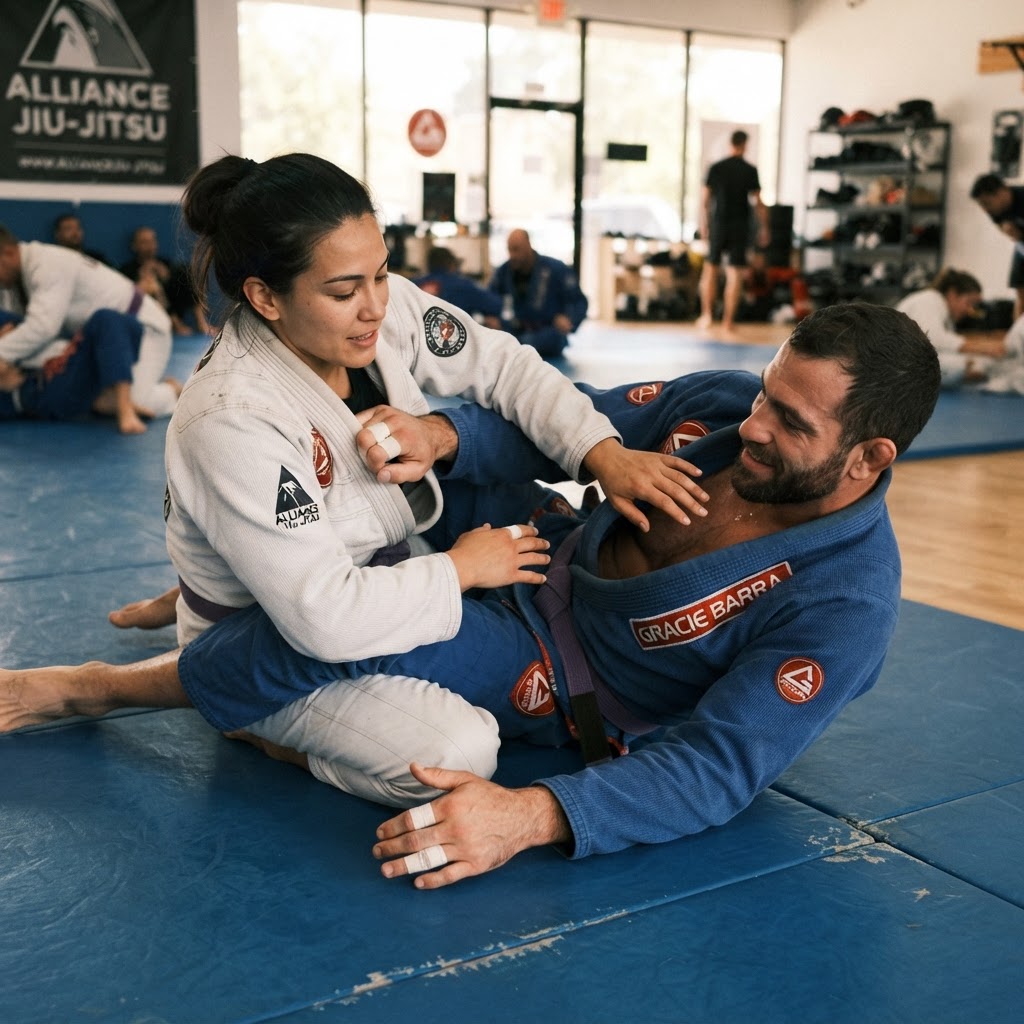 Adults practising Brazilian Jiu-Jitsu techniques on the mats