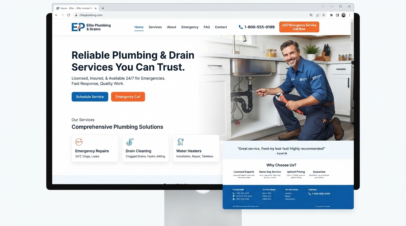 Example Plumbing website template design: 24/7 Emergency Plumbing
