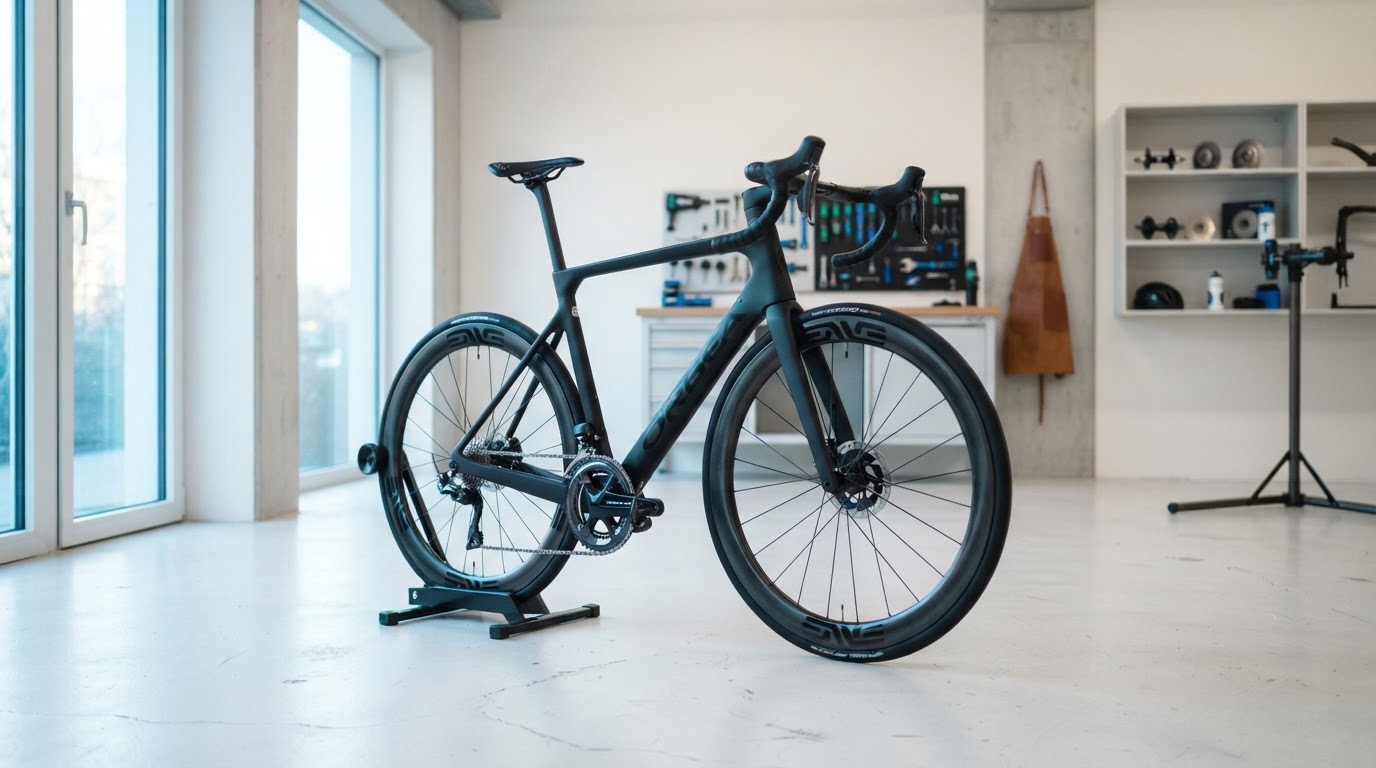 Premium carbon road bike in a bright cycling workshop