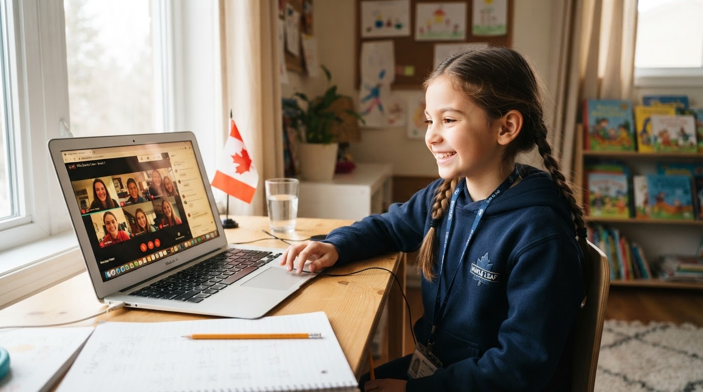 Engaged elementary student during an online tutoring session