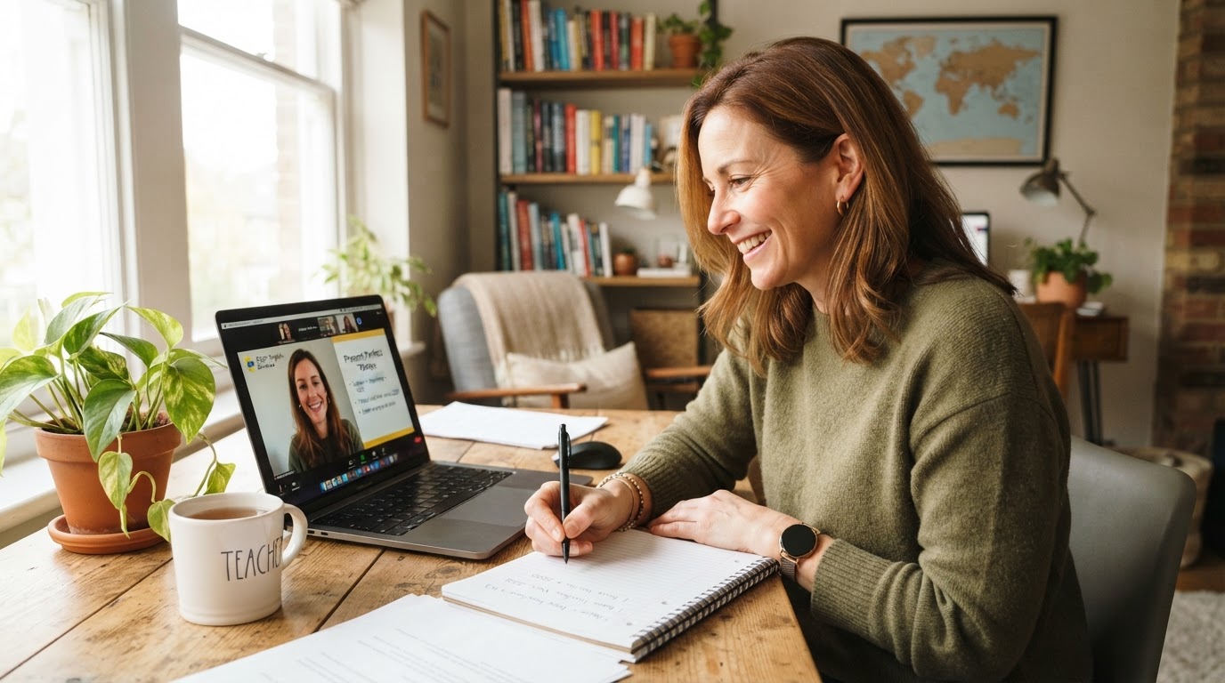 Adult English learner participating in online professional conversation
