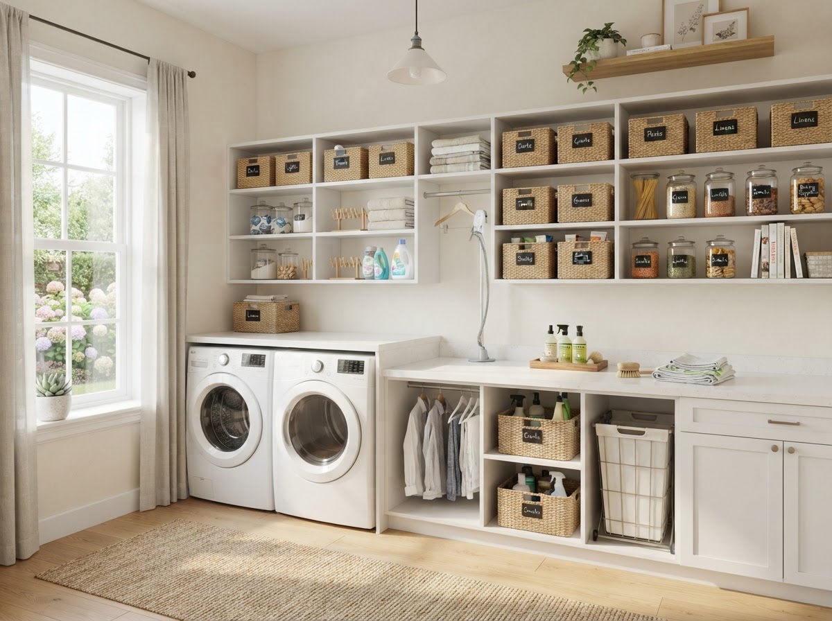 Tidy sunlit laundry and bathroom