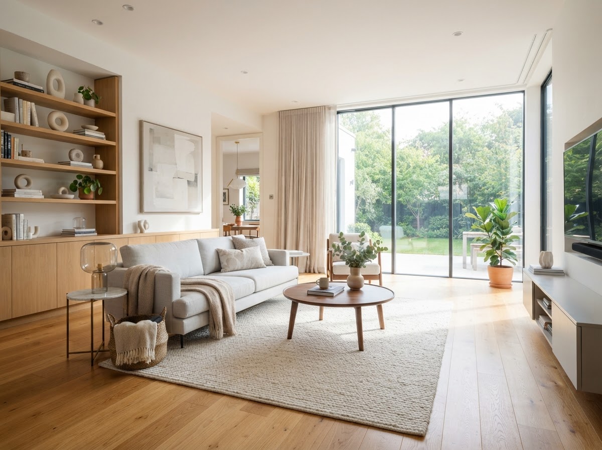 Bright sunlit clean living room