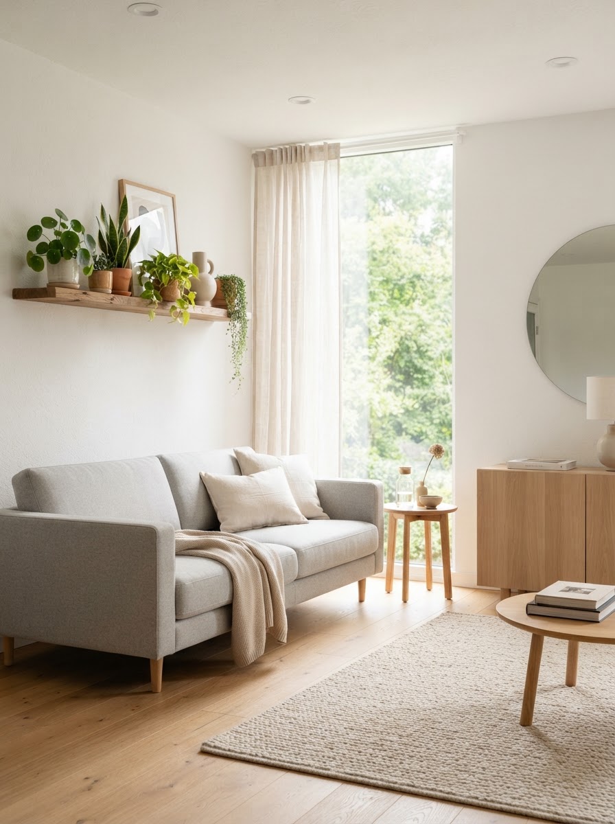 A bright, sunlit, tidy living room