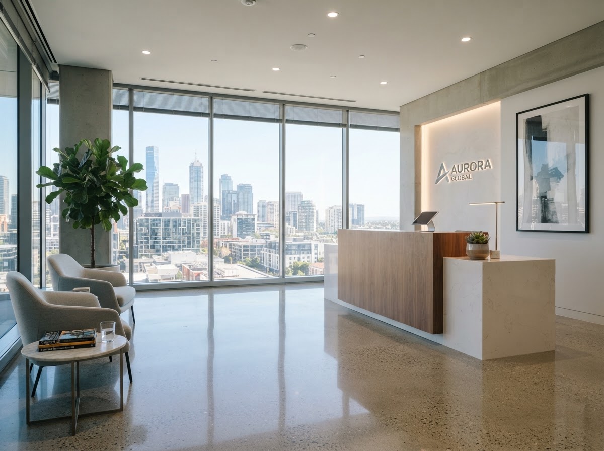 Bright, empty, well-lit office reception space, clean and tidy