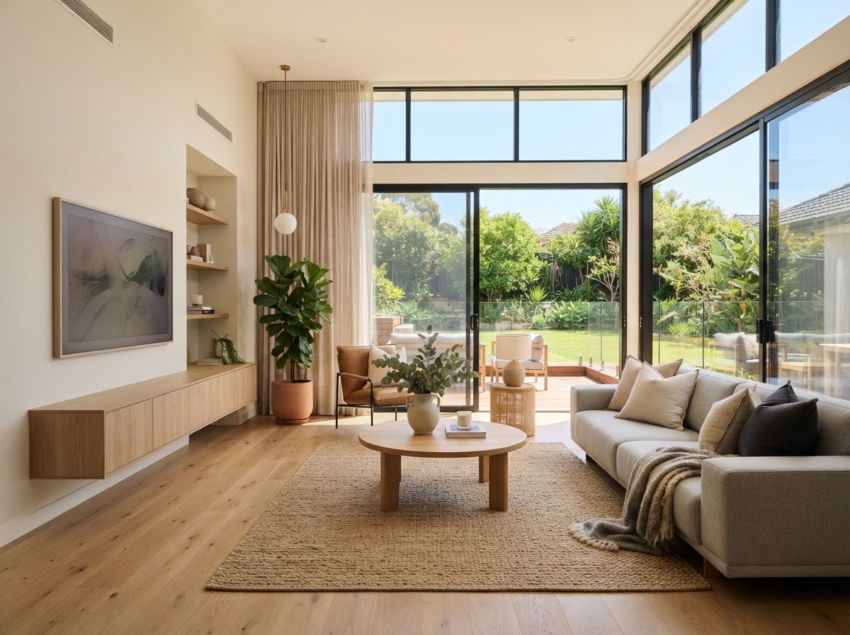 Bright tidy sunlit living room