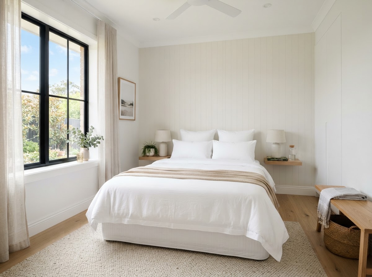 Freshly made sunlit guest bedroom with clean linen