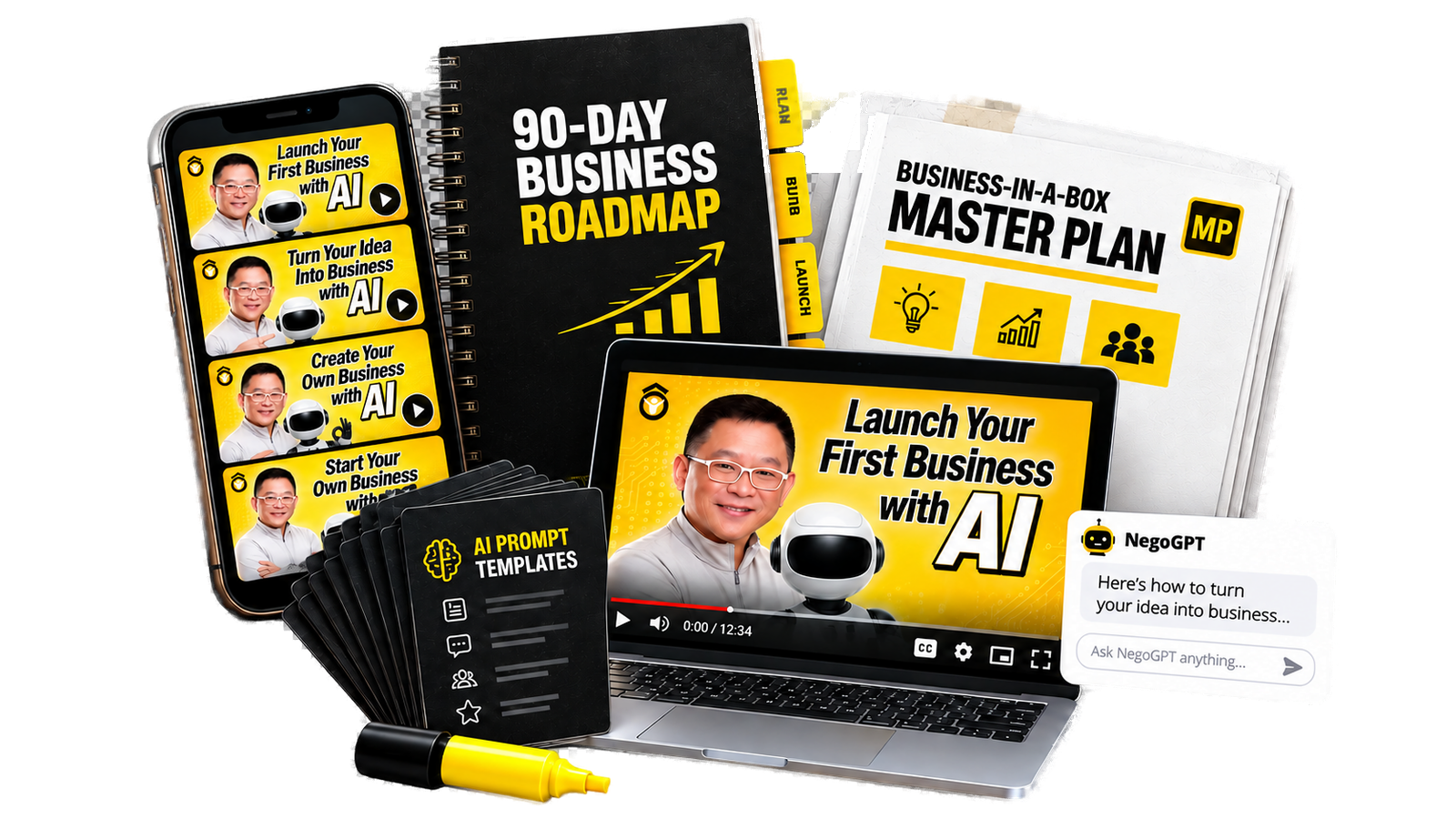 Juan Negosyante Complete Product Suite Mockup: 90-Day Business Roadmap, Business-in-a-Box Master Plan, Video Lessons with AI, AI Prompt Templates, NegoGPT AI Bot