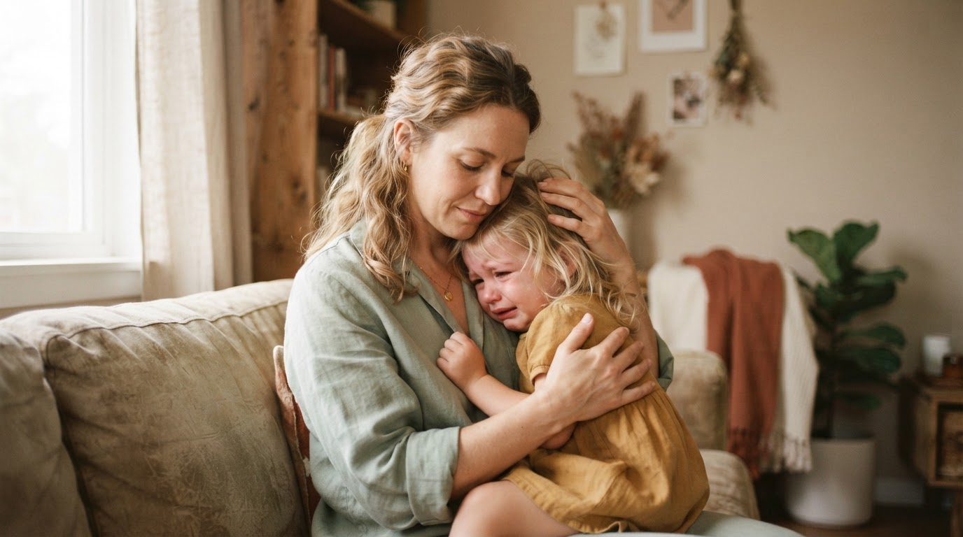 Elternteil tröstet ein Kind liebevoll in ruhiger Verbindung