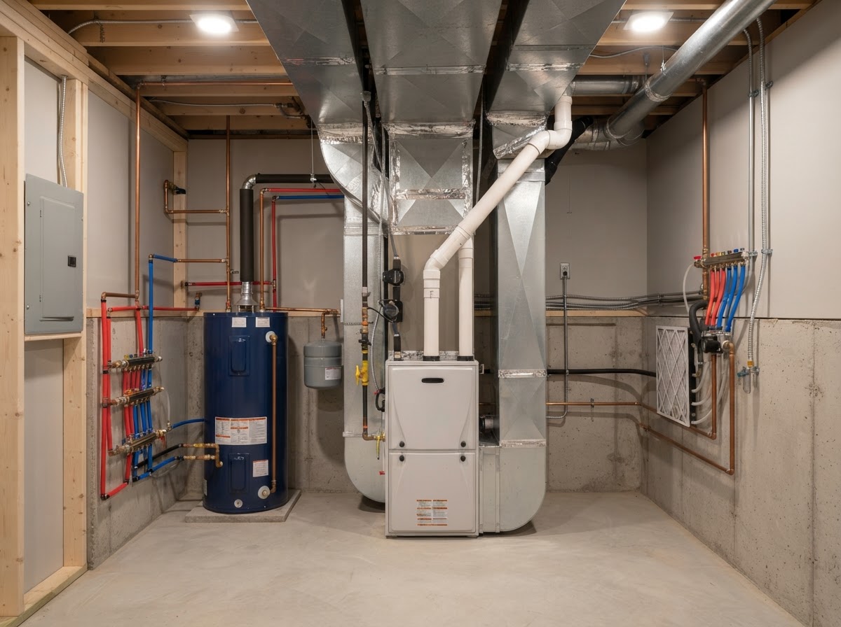 A clean residential mechanical room with a modern high-efficiency furnace and ventilation equipment