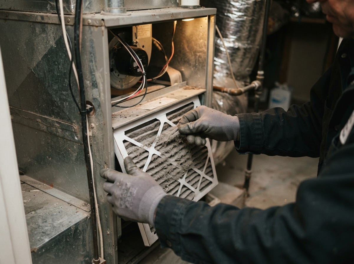 A technician inspecting a residential furnace filter and air handler