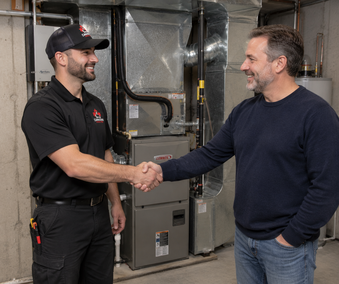 Canadian HVAC Pro technician shaking hands with a homeowner in front of a residential furnace in a Canadian home basement