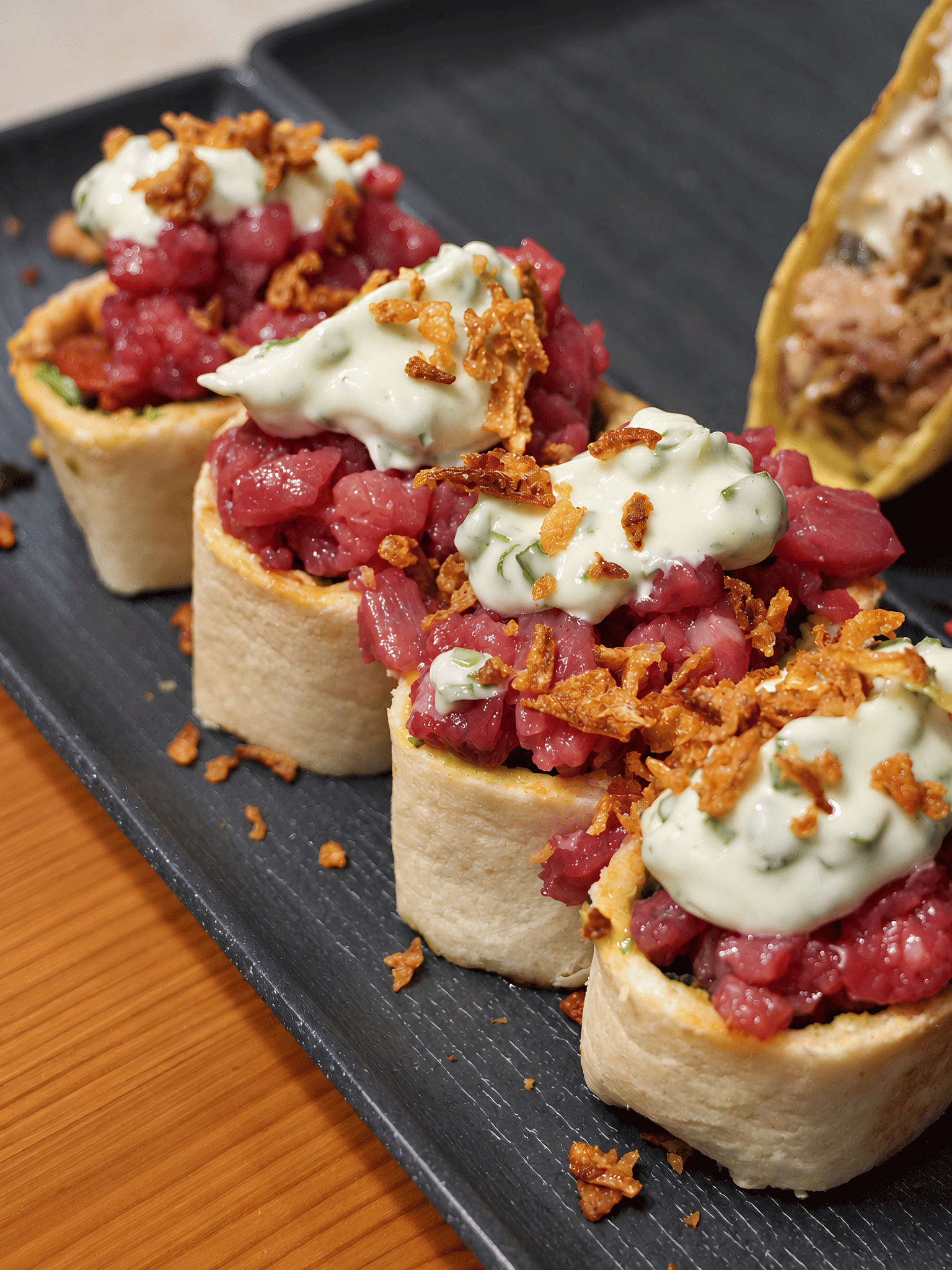 Dettaglio ravvicinato dei roll di tartare con cipolla croccante e crema