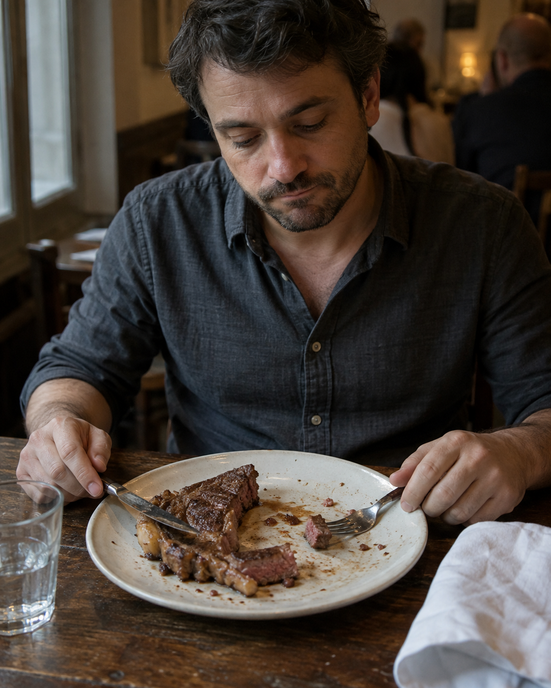 Cliente al tavolo dubbioso e deluso davanti al piatto con costata di carne