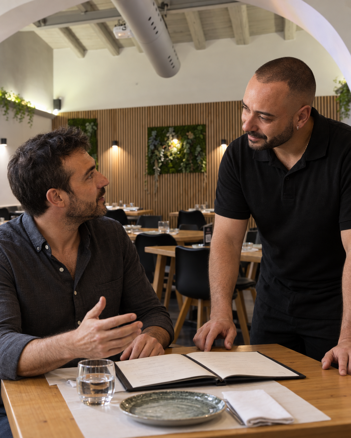 Giuseppe Galli che consiglia un cliente al tavolo da Carne Diem