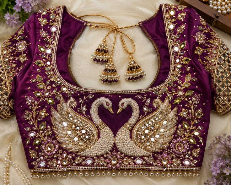 Royal Purple Silk Blouse with Handcrafted Swan & Mirror Aari Work