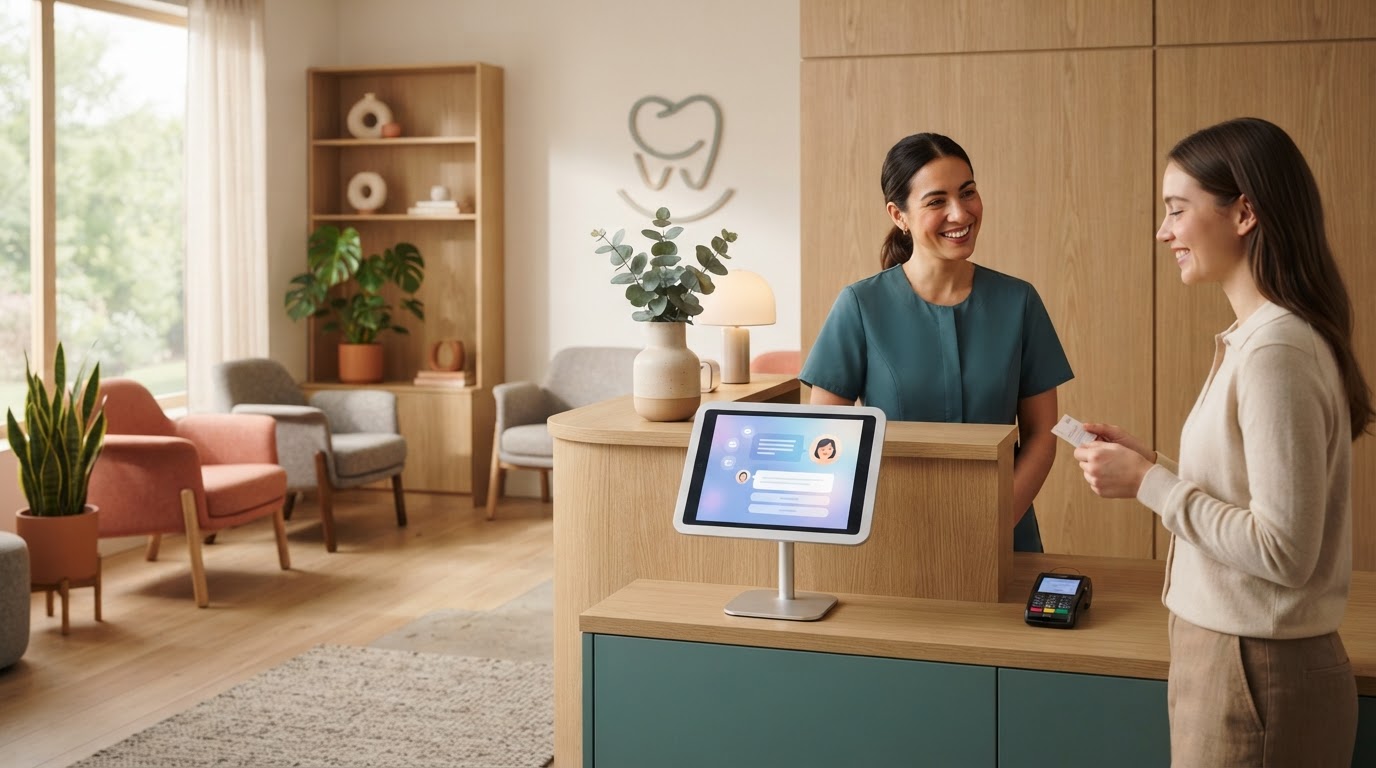 Orthodontic clinic reception with AI booking tablet