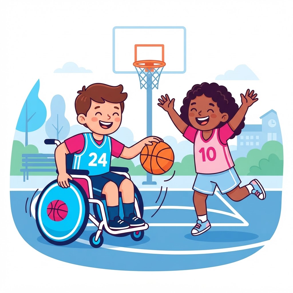 A child in a wheelchair playing basketball inclusively with another child