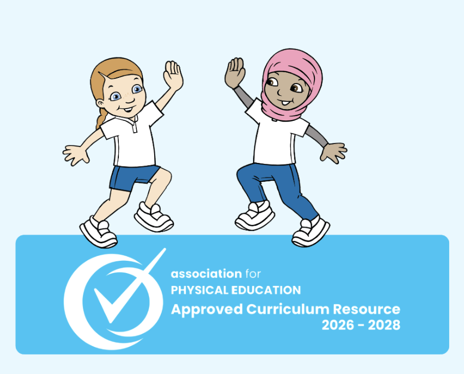 Primary school children exercising alongside the afPE Approved Curriculum Resource 2026-2028 badge