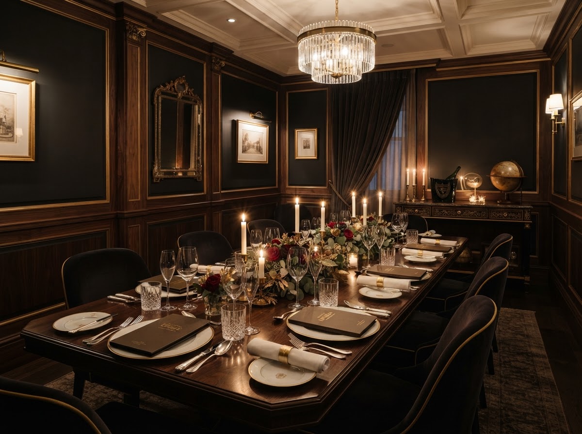 Private dining room in a Michelin-starred restaurant with fine china and candlelight
