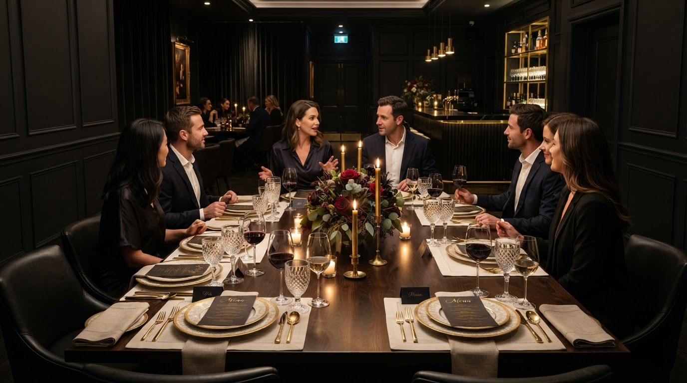 Elegant private dining table set for a corporate dinner with fine glassware