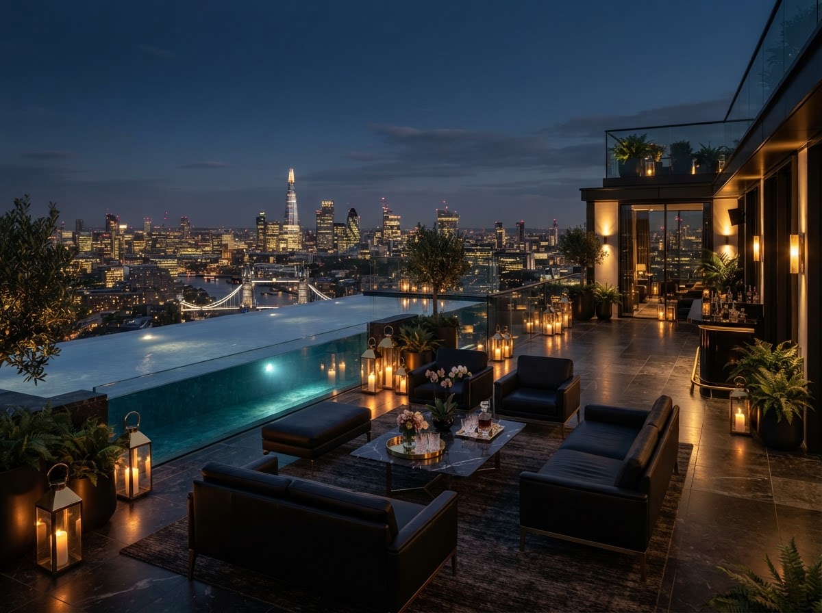 Rooftop destination view at golden hour