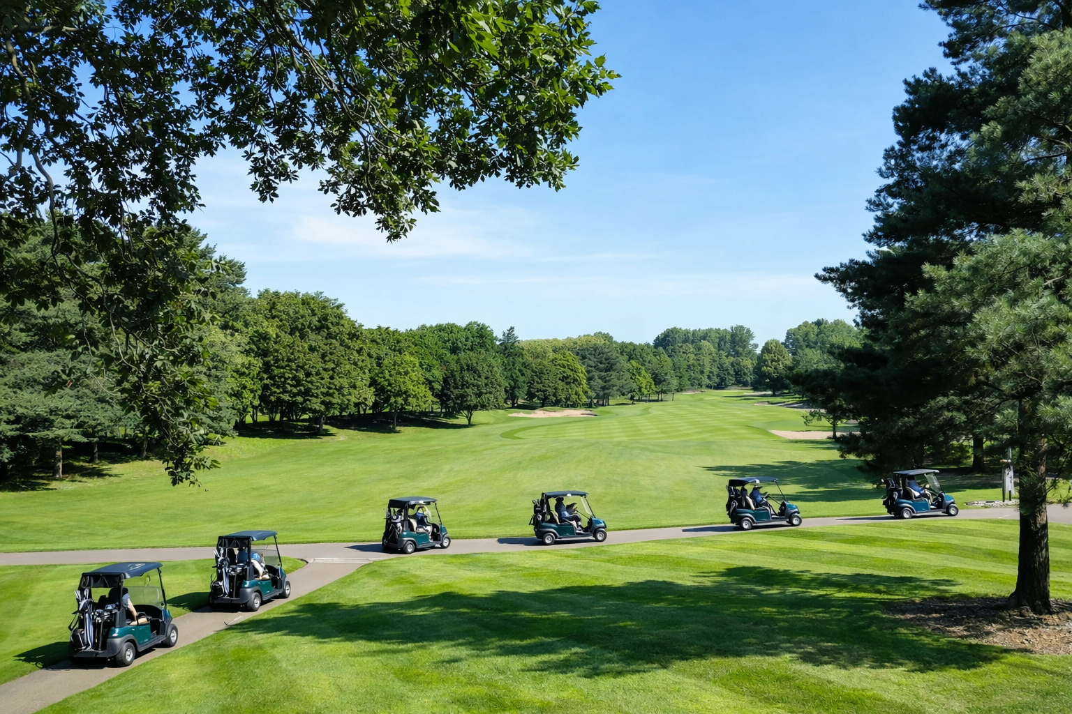 Championship golf course with carts on the fairway