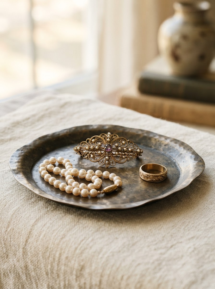 Estate jewelry arranged on linen in the gallery