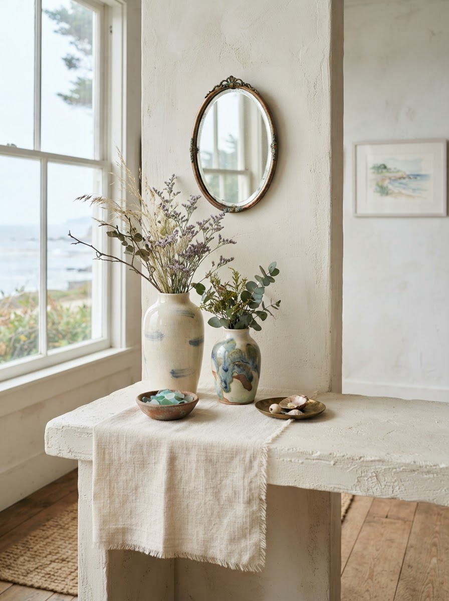 Porcelain vases and an oval mirror on a plaster console