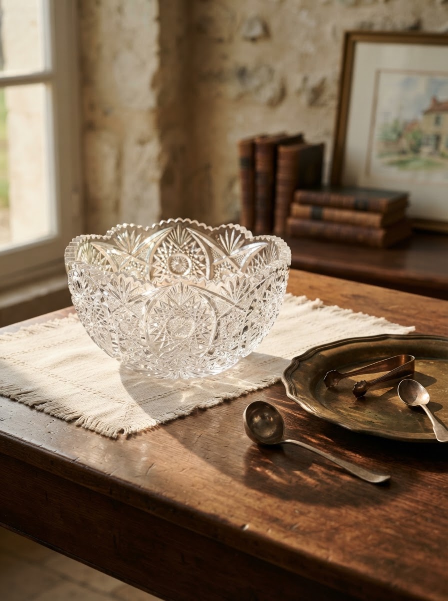 American brilliant-cut crystal bowl on a walnut table