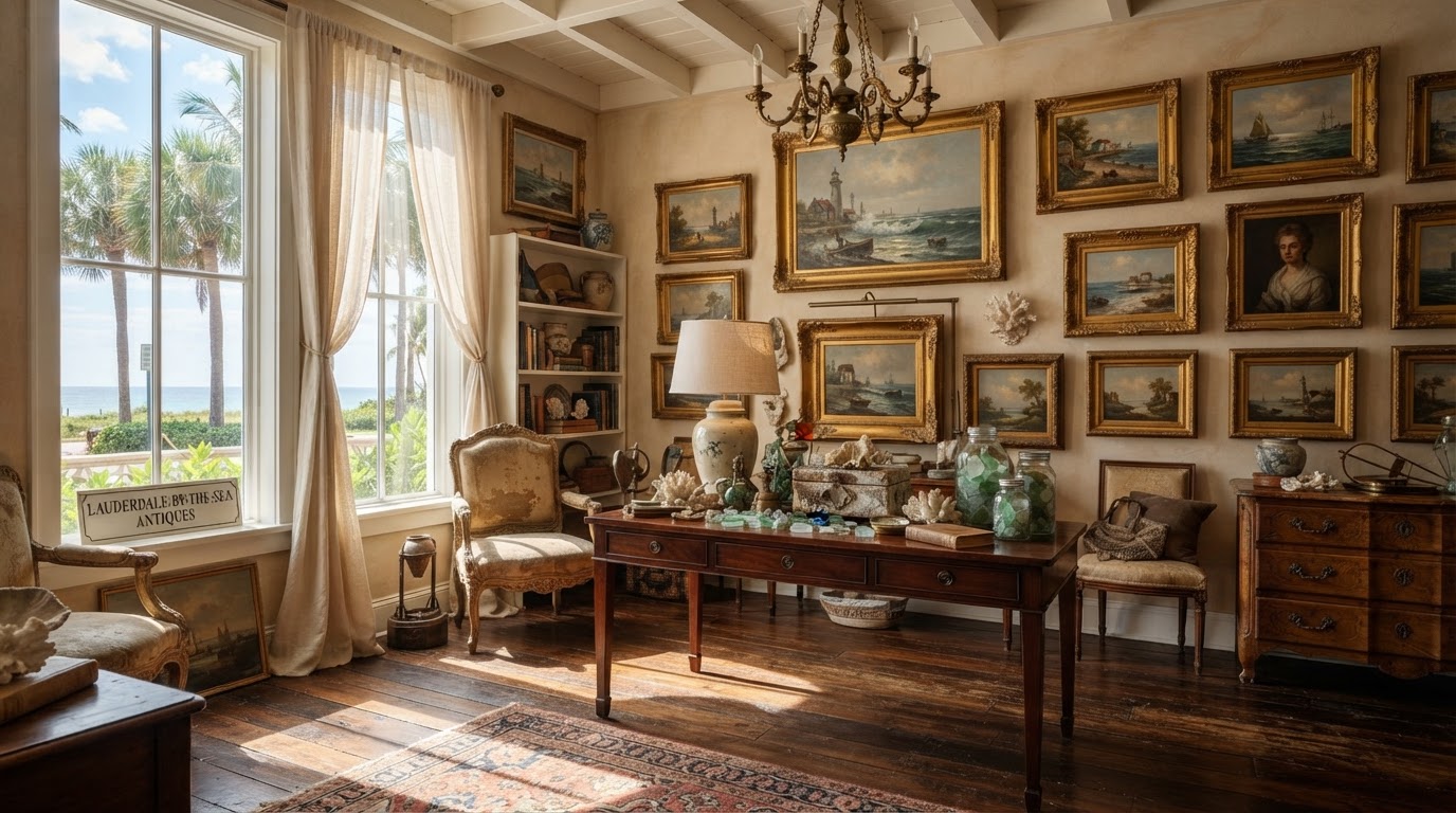 Sunlit coastal antique gallery interior with gilt-framed paintings and a mahogany console in Lauderdale-By-The-Sea