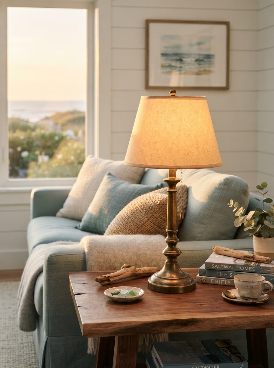 Antique brass lamp glowing on a walnut side table
