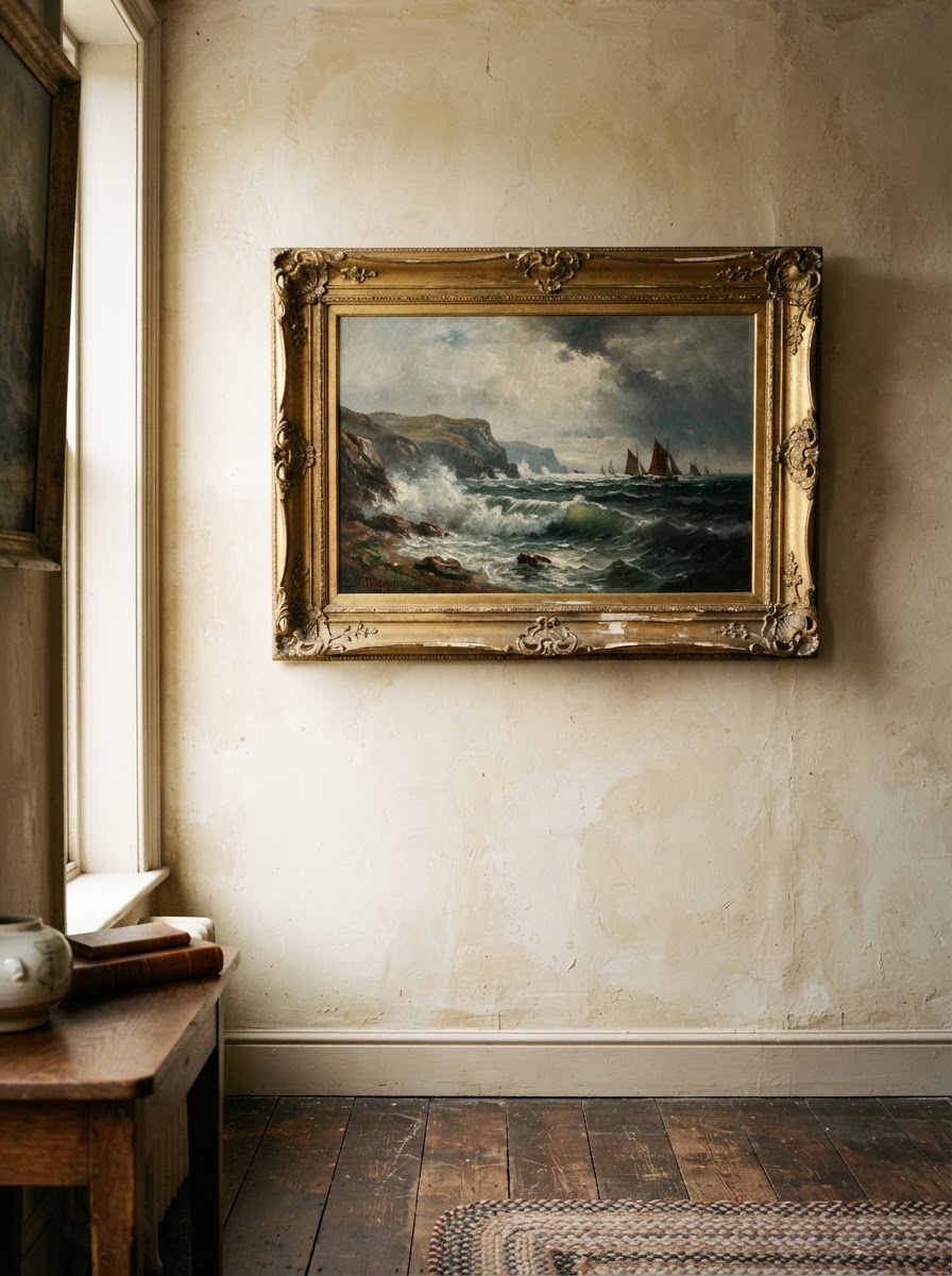 Gilt-framed oil seascape on a plaster wall in the gallery