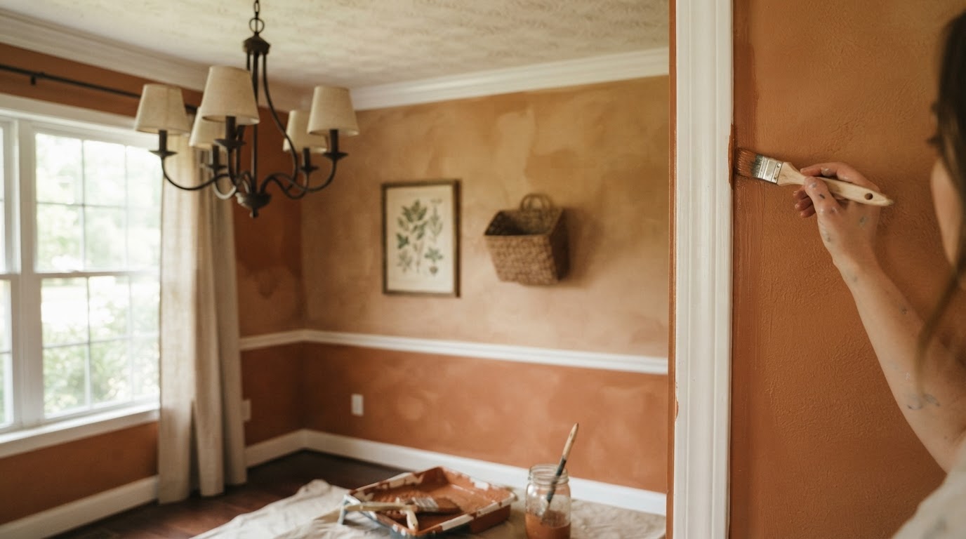 Freshly painted warm-toned Ottawa living room with crisp crown molding and a painter cutting in trim at the edge of frame