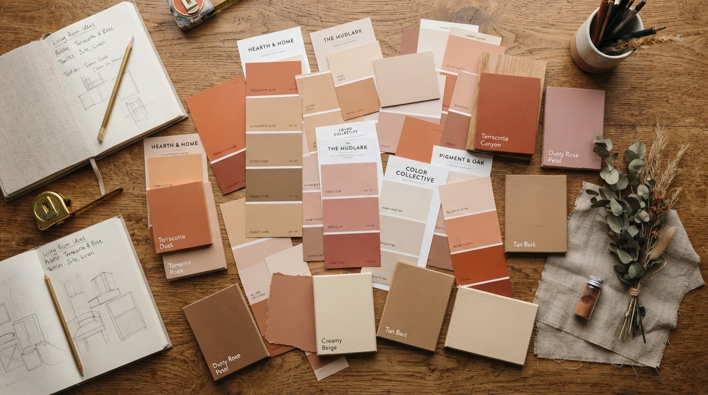 Paint colour swatch boards in warm terracotta, tan, and cream tones
